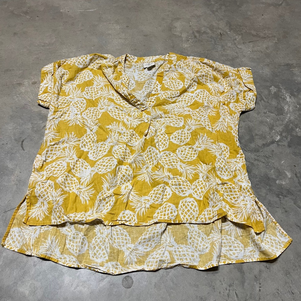 St Johns Bay Pineapple Print Linen Cotton Top XL Yellow White Tropical Blouse